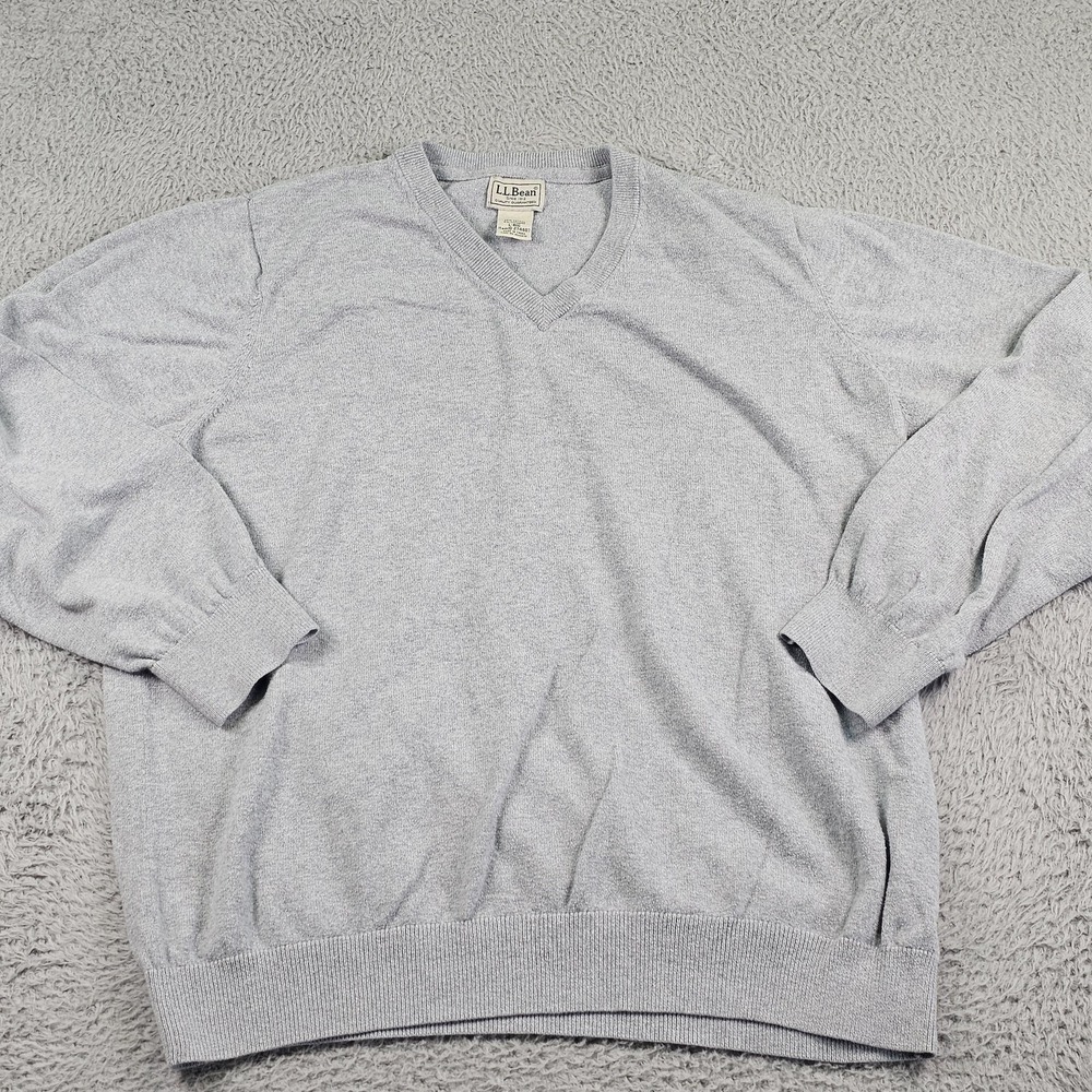 L.L.Bean Sweater Mens Large Gray Cotton Cashmere V Neck Knit Pullover Soft - Picture 2 of 9